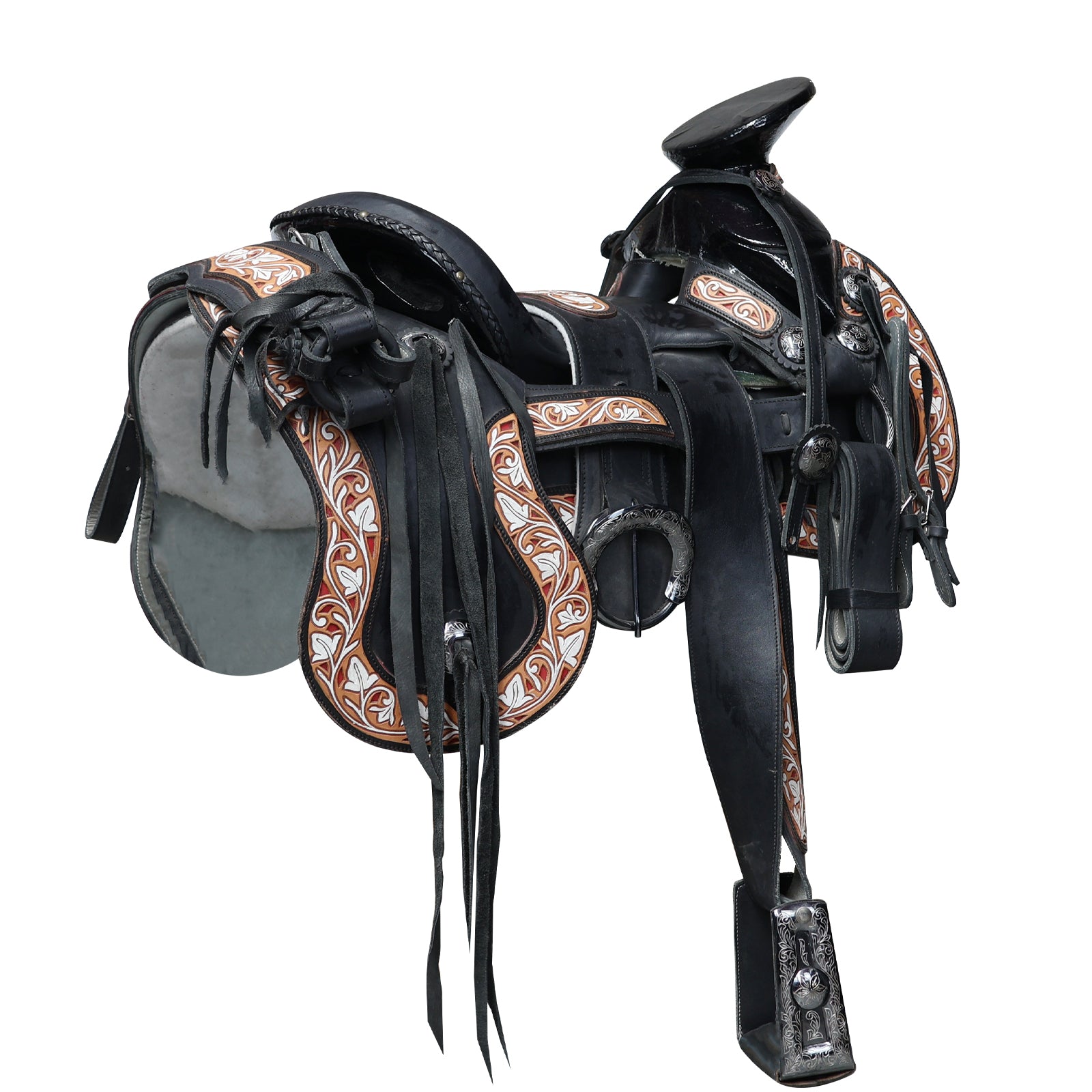 Montura charra fuste laqueado negro guardas cinceladas