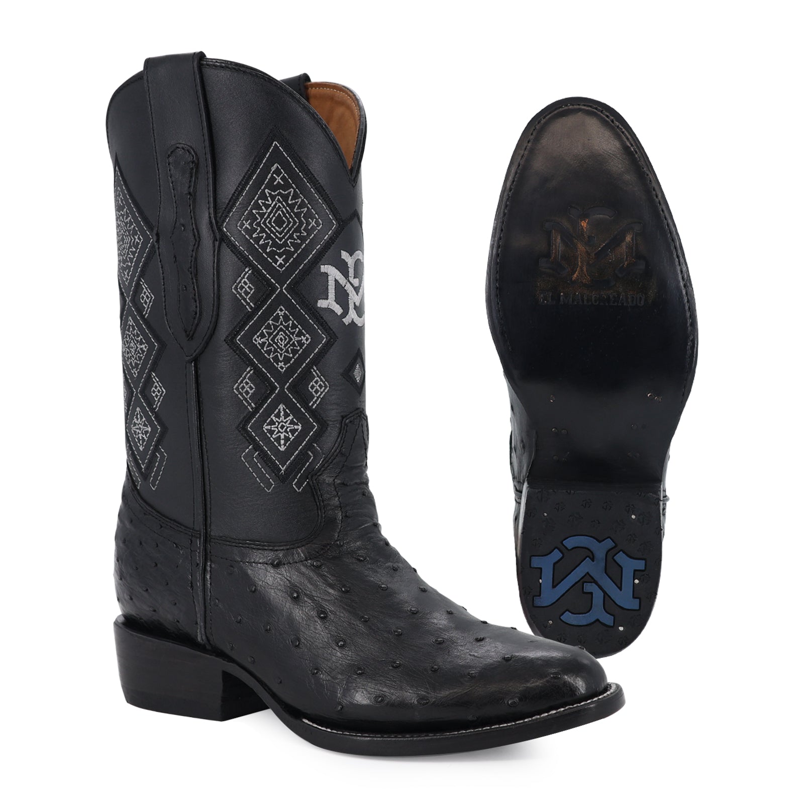 Bota Vaquera Oval Avestruz Negro
