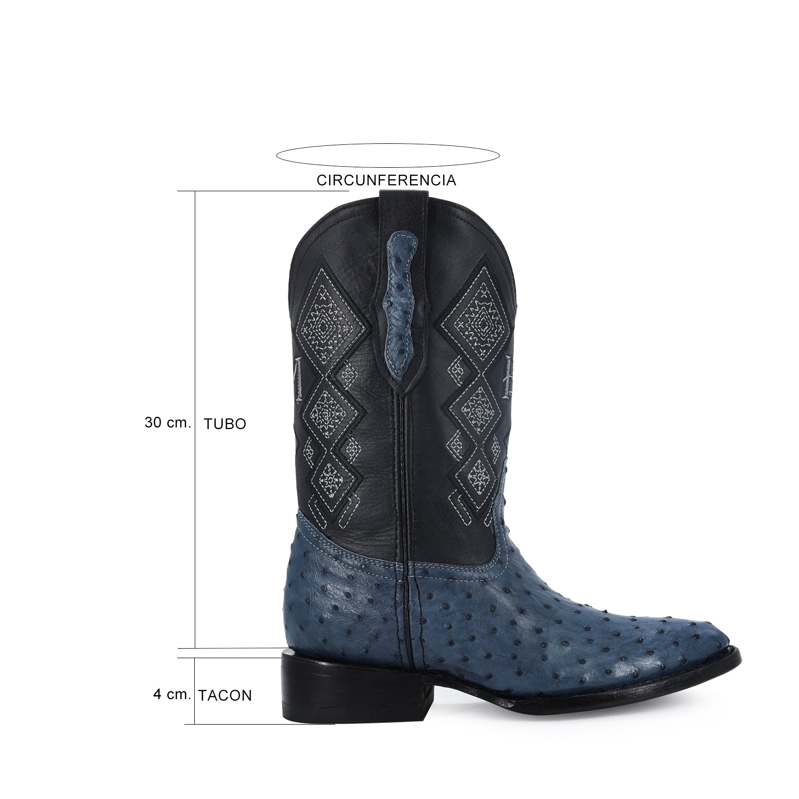 Bota Vaquera Oval Avestruz Azul mezclilla