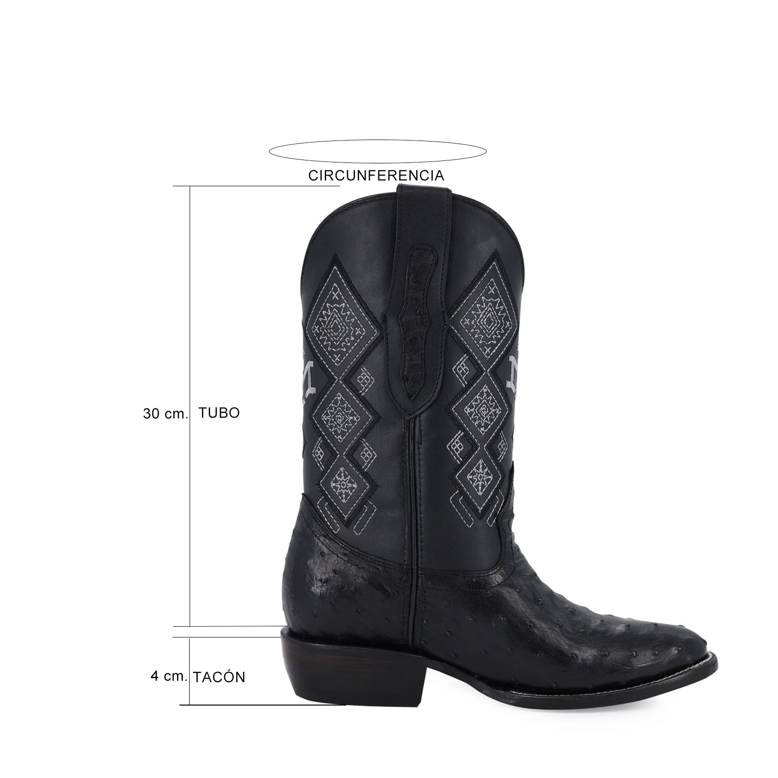 Bota Vaquera Oval Avestruz Negro