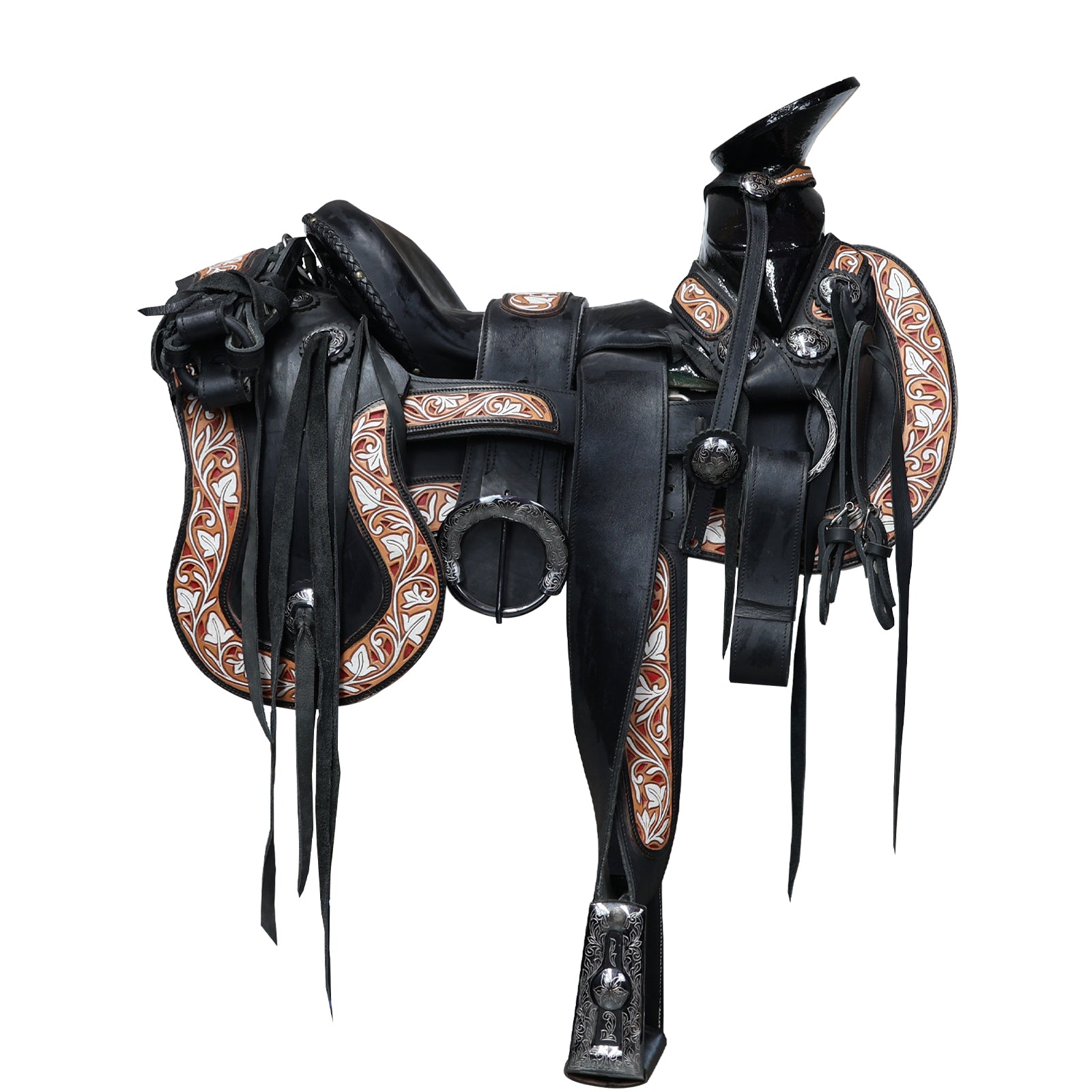 Montura charra fuste laqueado negro guardas cinceladas