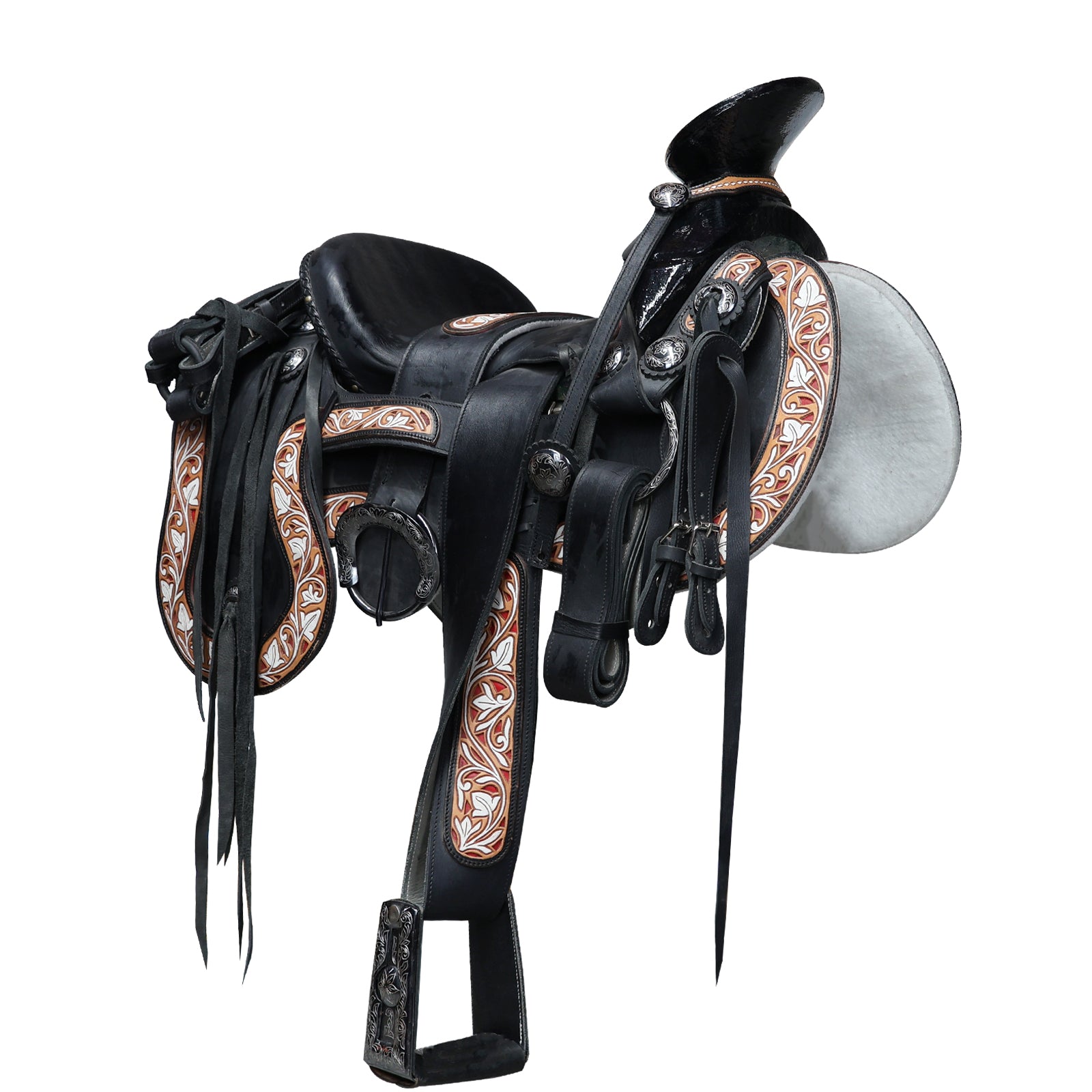 Montura charra fuste laqueado negro guardas cinceladas