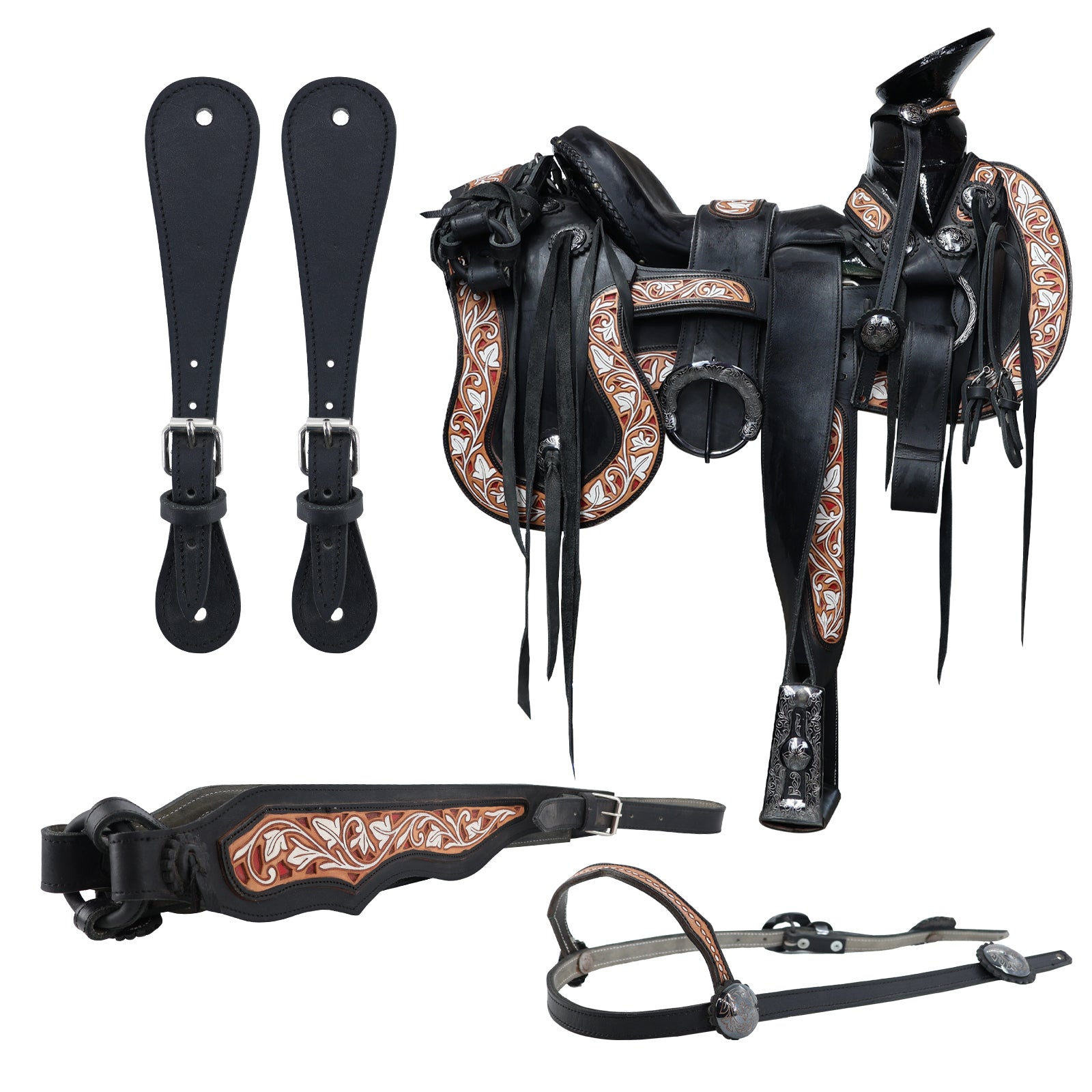 Montura charra fuste laqueado negro guardas cinceladas