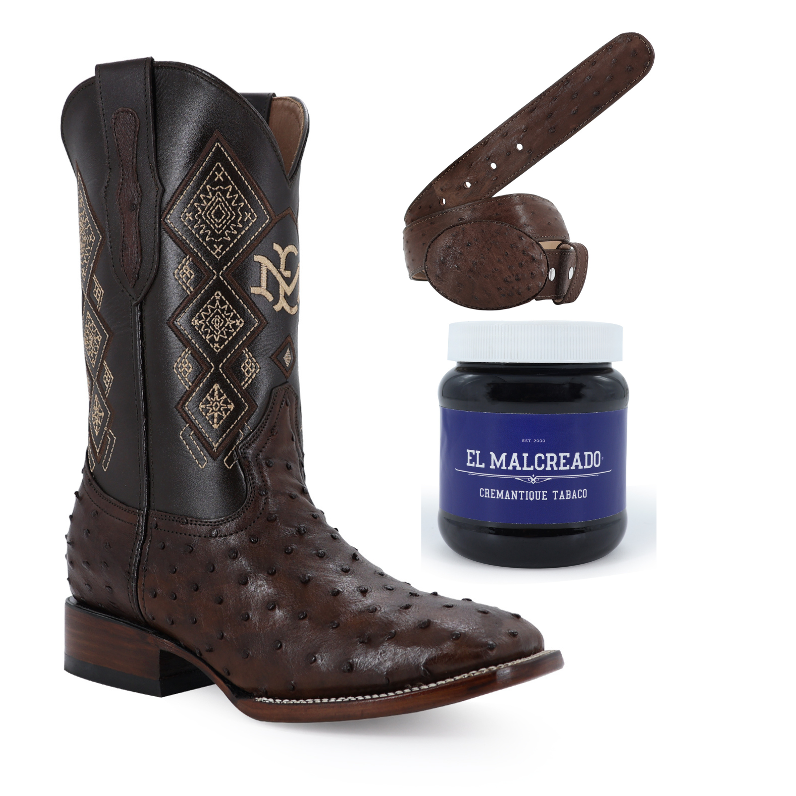 Super Combo Avestruz: Bota y Cinturón Cafe Cremantique