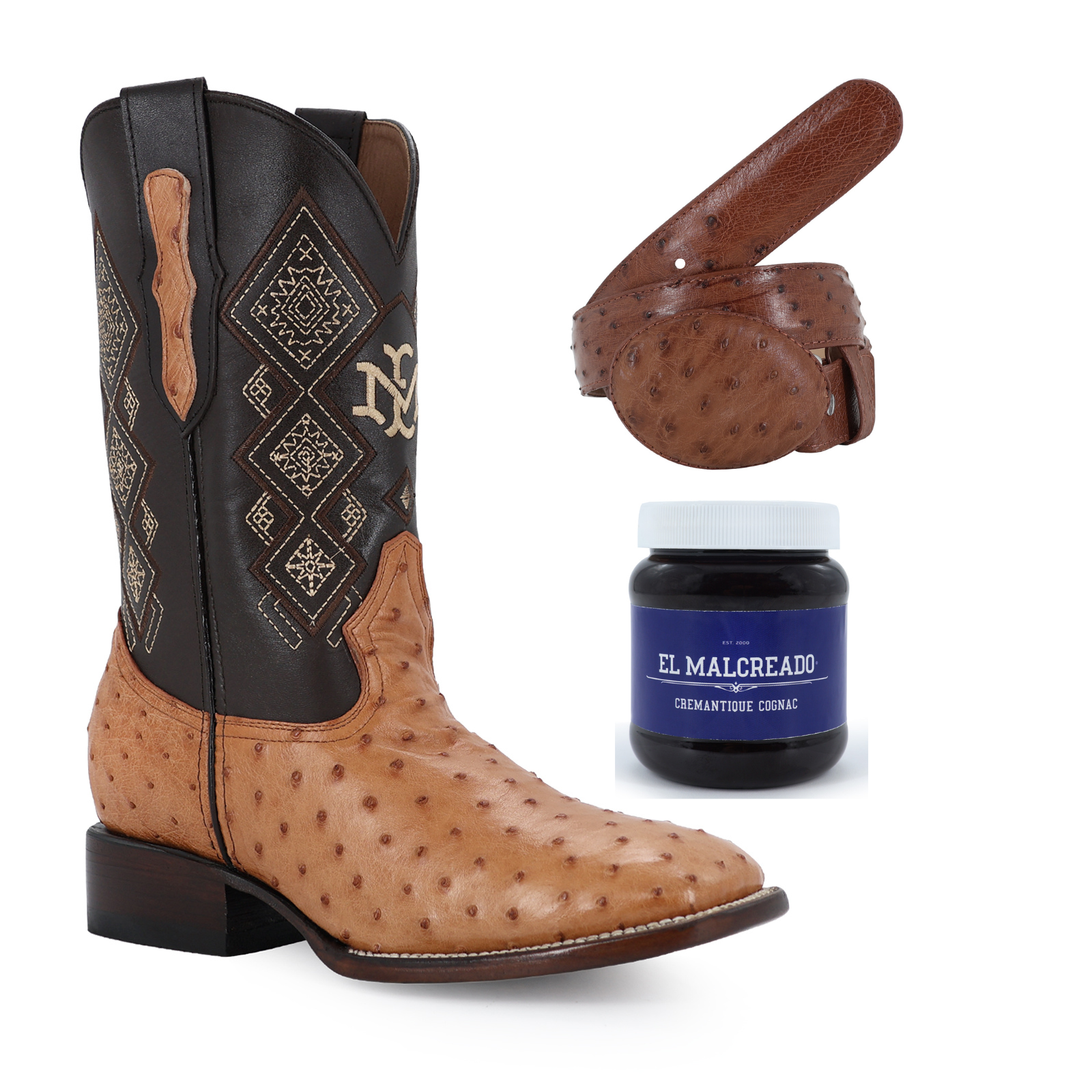 Super Combo Avestruz: Bota y Cinturón Coñac Cremantique