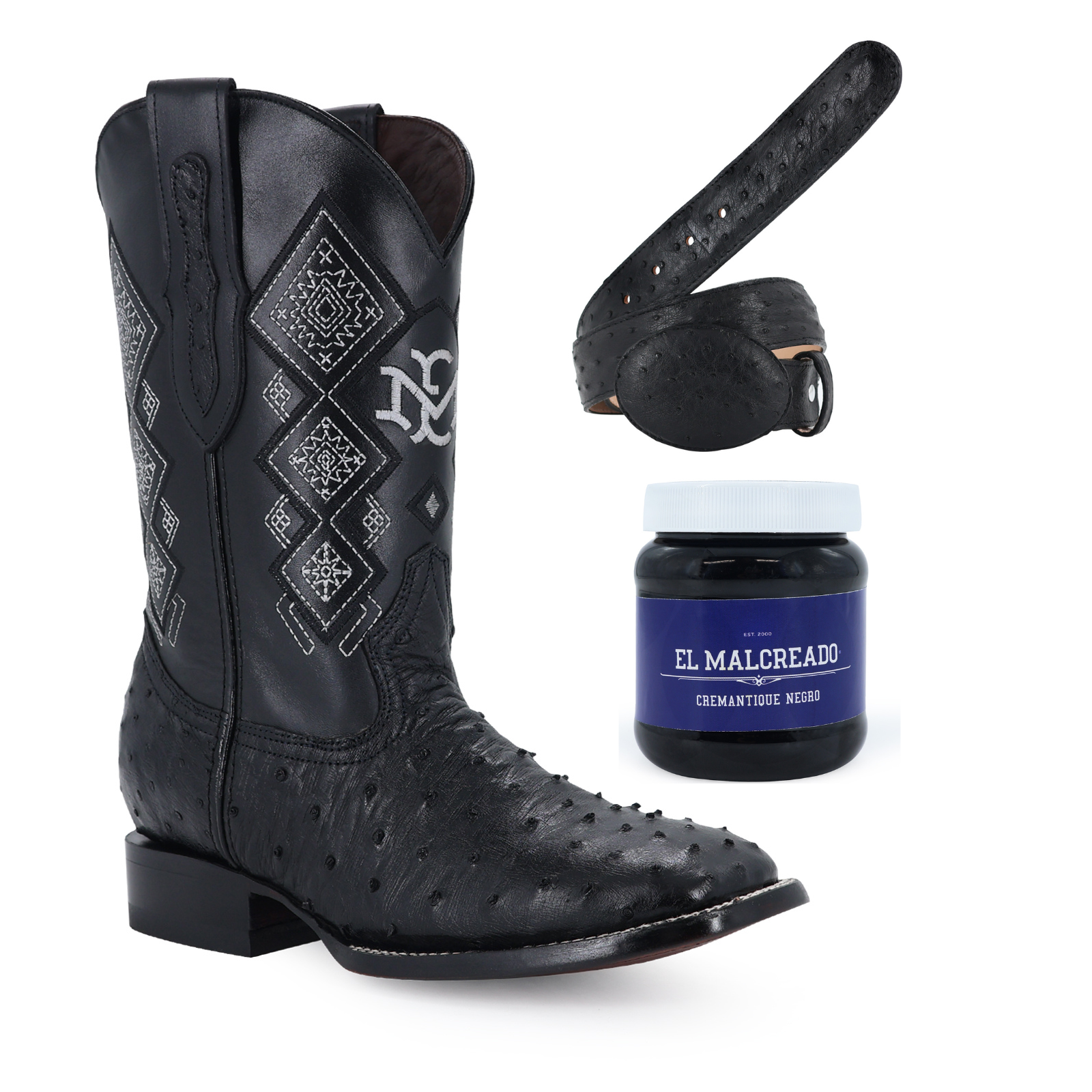 Super Combo Avestruz: Bota y Cinturón Negro Cremantique